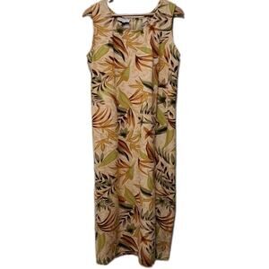 Kaktus Sleeveless Midi Dress Womens XL Tan Tropical Leaf Print Linen Blend Tank